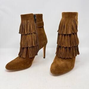 Via Spiga Womens‎ Stiletto Booties 6.5M Vesta Brown Suede Fringe Festival Boho